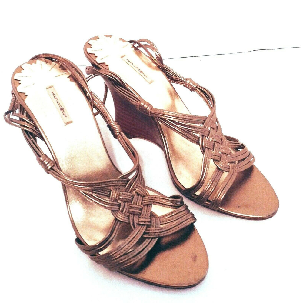 Max Studio Gold Heels 5.5 M Sandals Braided Ankle Straps Stack Heels